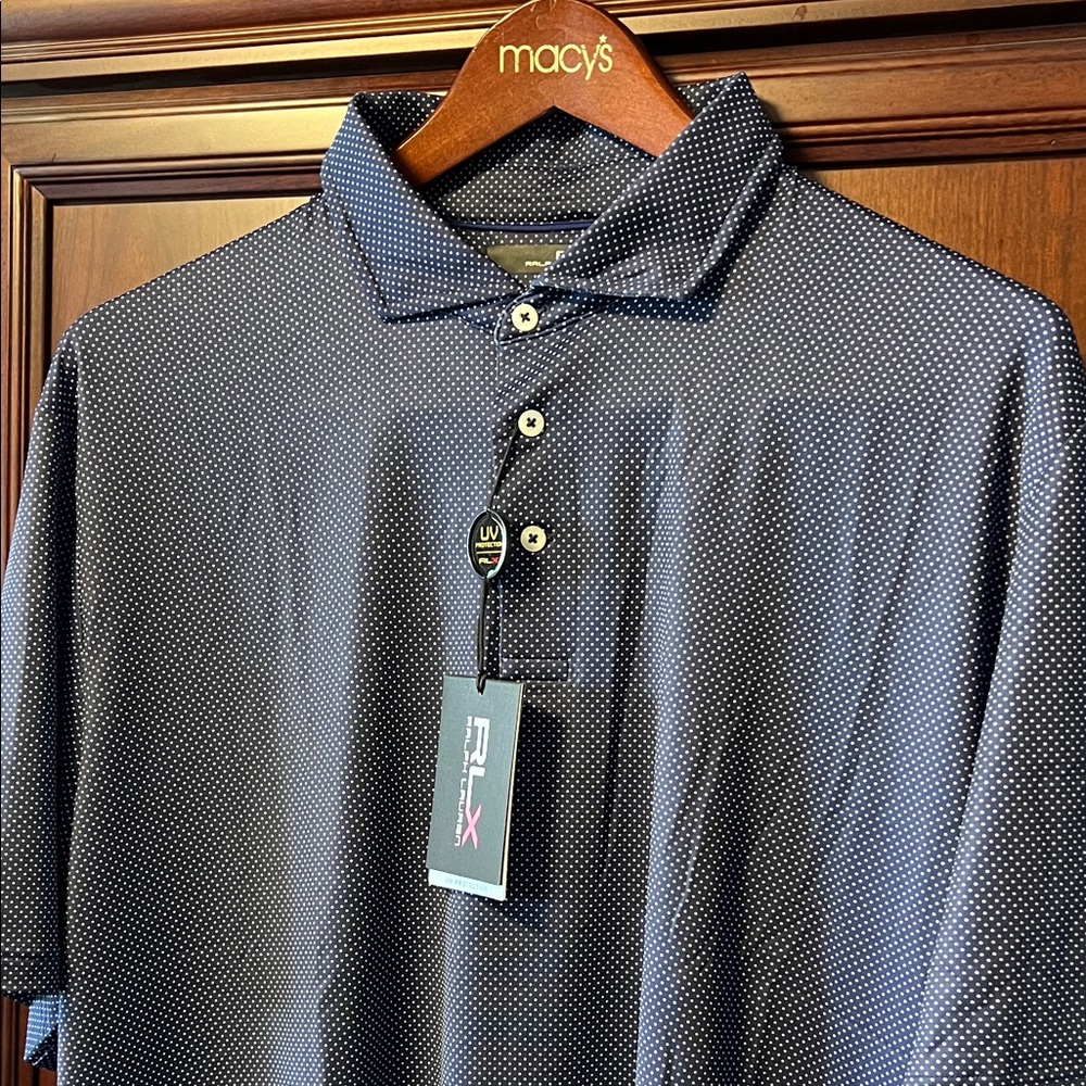 Brand New RLX Ralph Lauren Stretch Golf Polo Navy with White polkadot design!